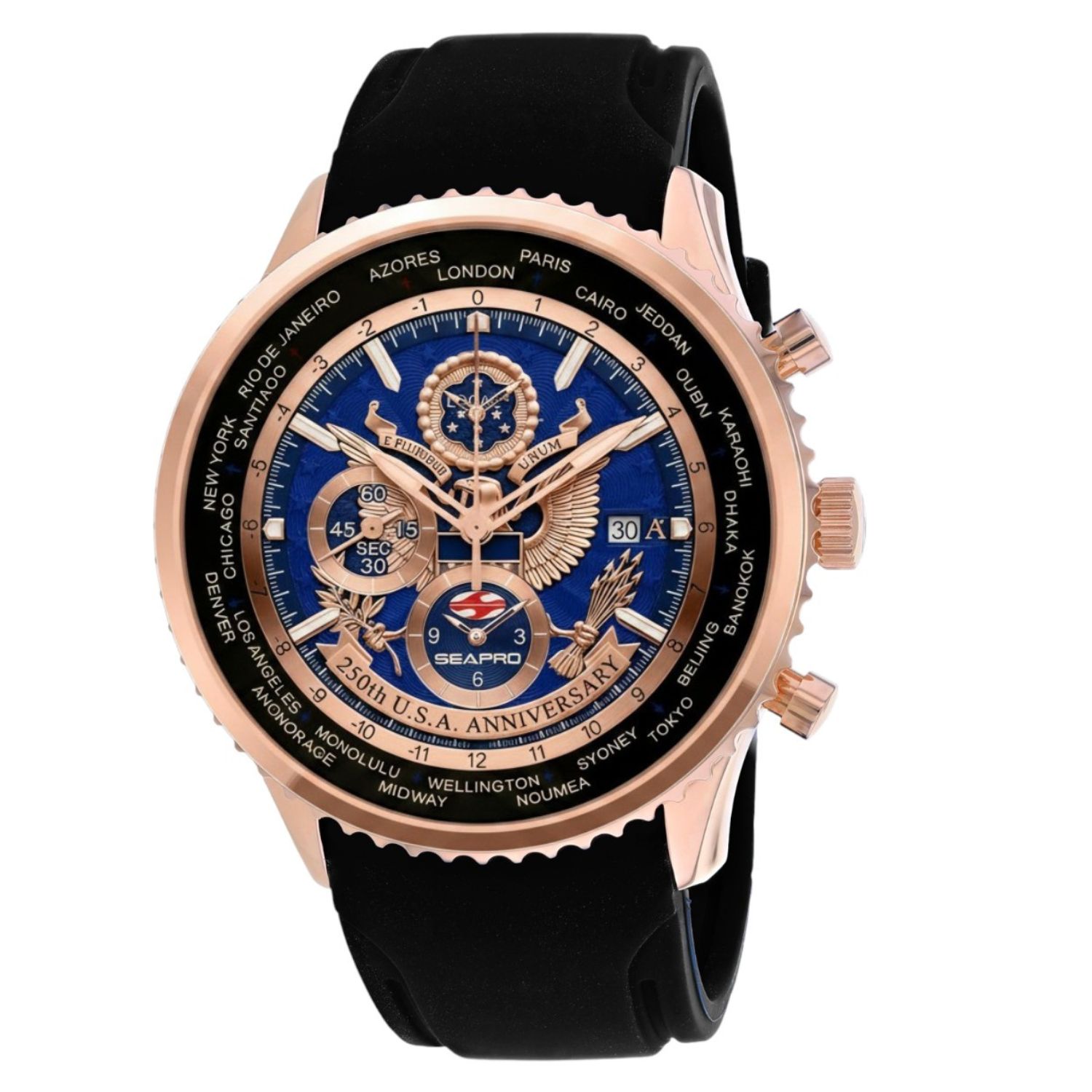 Seapro 250th Anniversary Meridian World Timer Limited Edition Timepiece 45mm Blue Dial Quartz Men's Watch SP7523L